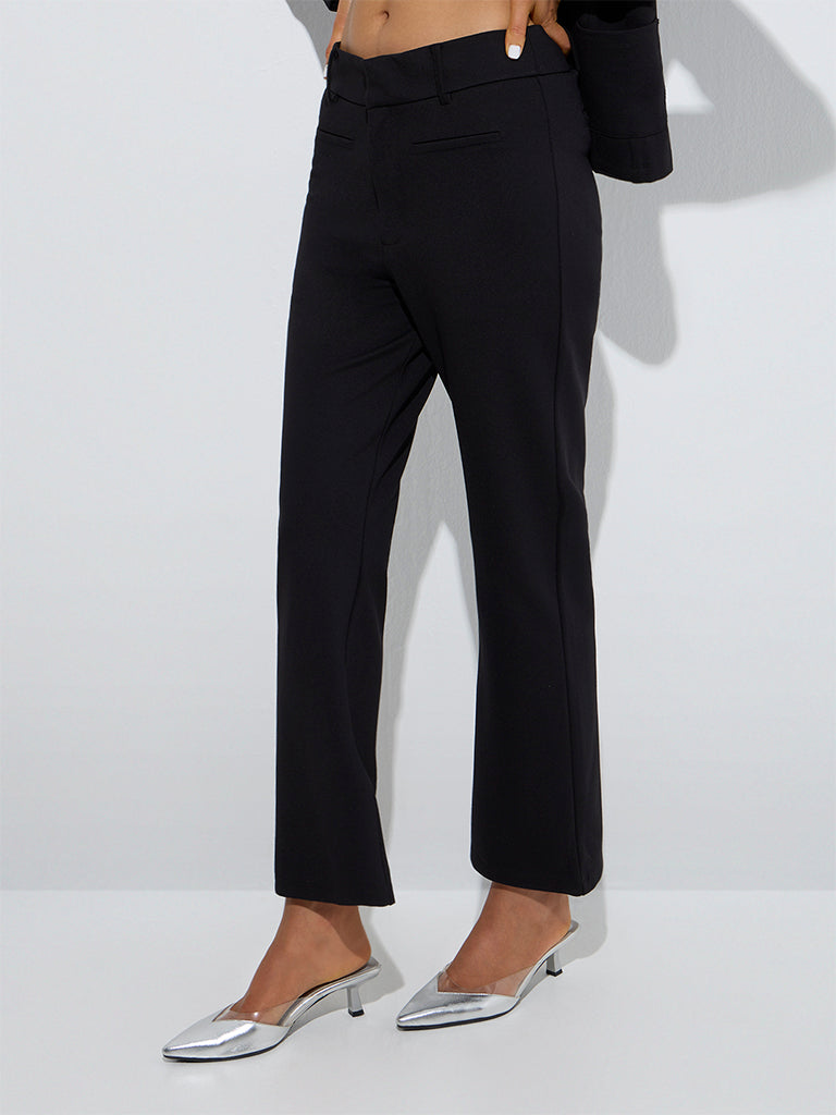 Westside Wardrobe Women's Black Flared High-Rise Trousers for Work Wear Front View