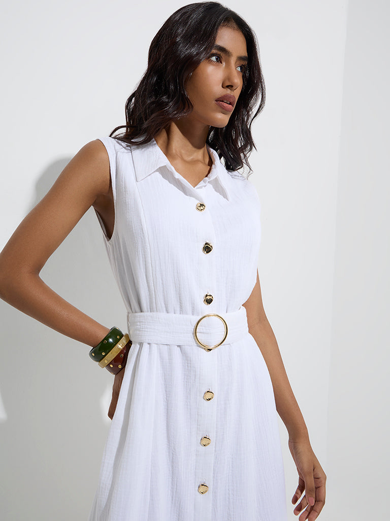 Westside LOV Women's White Crinkle-Textured Cotton Shirt Dress with Belt for Casual Wear Zoom View
