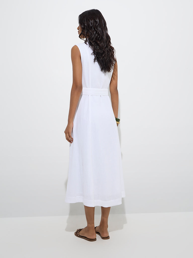 Westside LOV Women's White Crinkle-Textured Cotton Shirt Dress with Belt for Casual Wear Back View