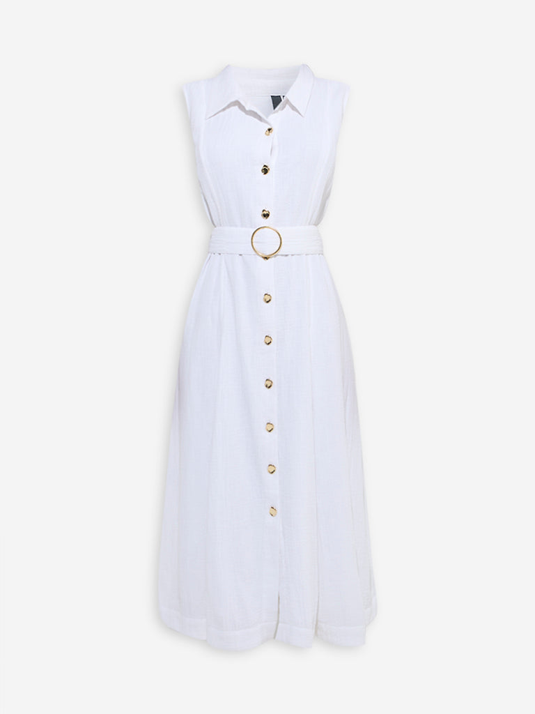 Westside LOV Women's White Crinkle-Textured Cotton Shirt Dress with Belt for Casual Wear Flatly View