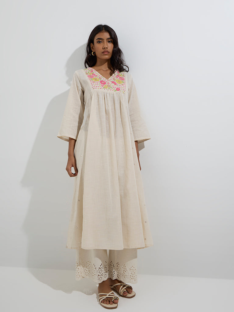 Utsa Beige Floral Embroidered A-Line Cotton Kurta