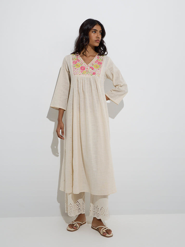 Utsa Beige Floral Embroidered A-Line Cotton Kurta