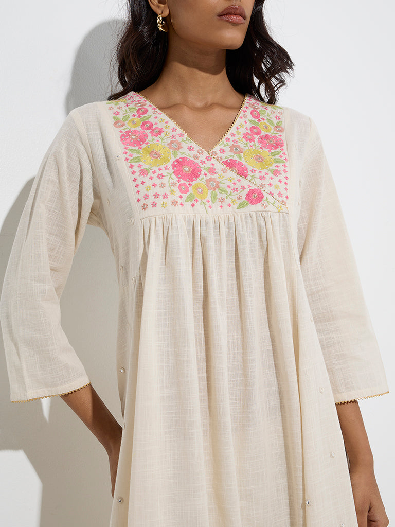 Utsa Beige Floral Embroidered A-Line Cotton Kurta