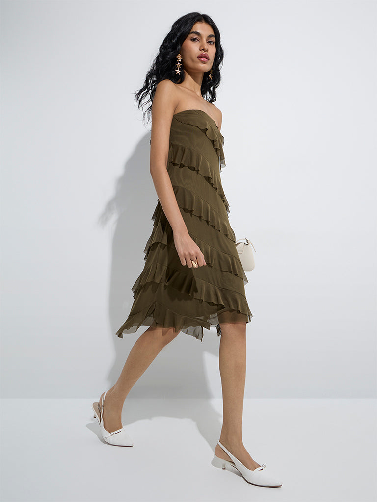 Westside Nuon Women's Olive Ruffle-Detailed Tube Dress for Casual Wear Full Model View