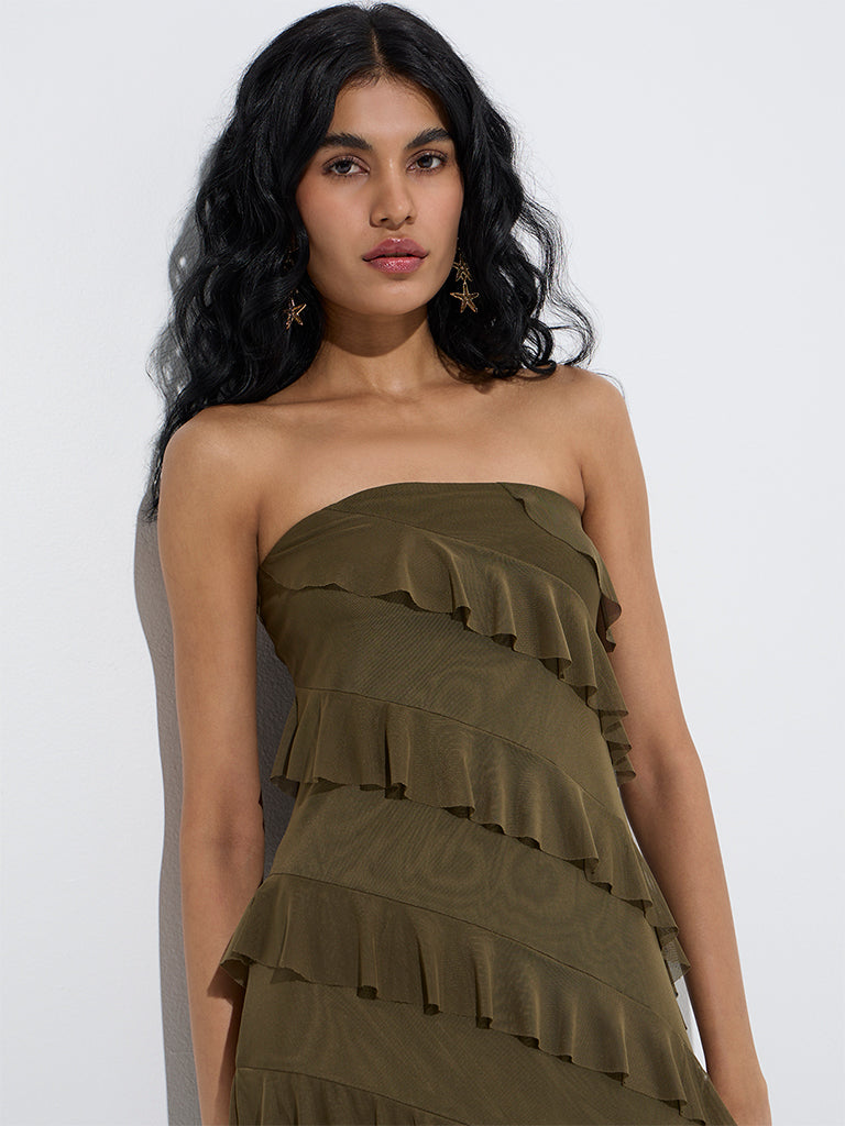 Westside Nuon Women's Olive Ruffle-Detailed Tube Dress for Casual Wear Zoom View