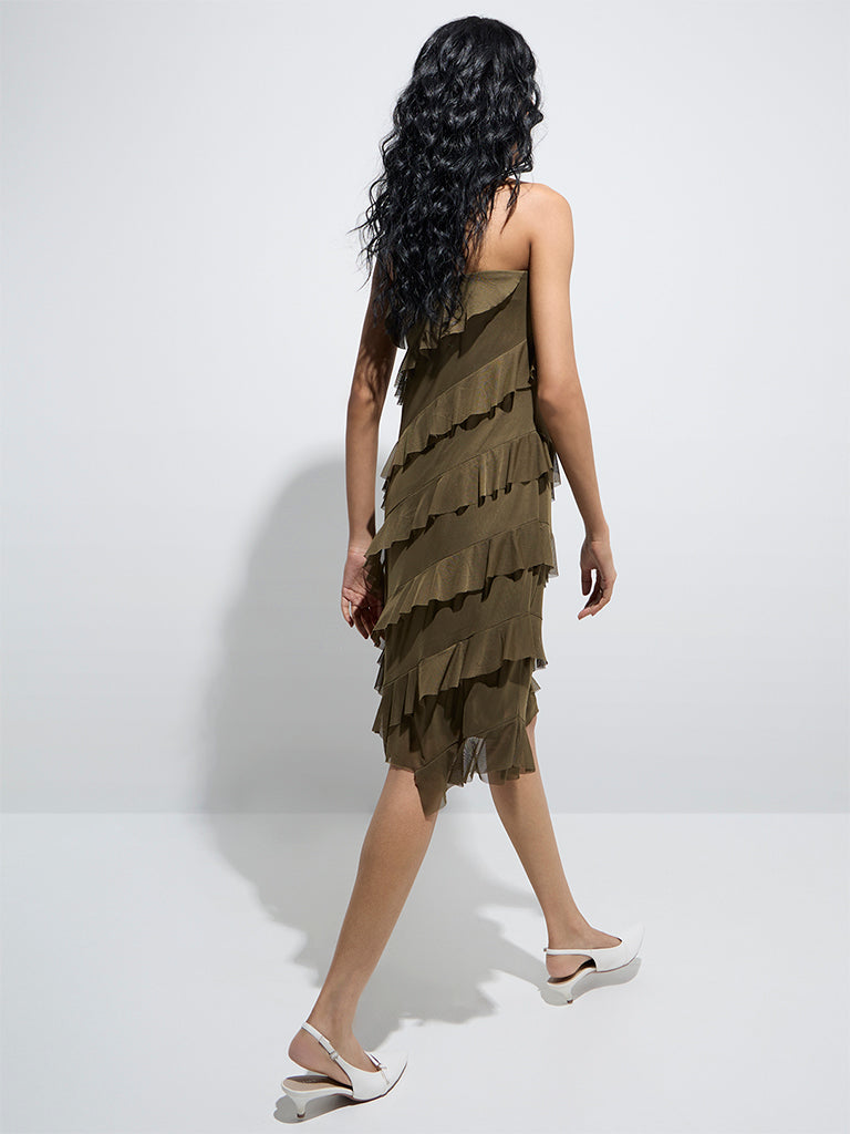 Westside Nuon Women's Olive Ruffle-Detailed Tube Dress for Casual Wear Back View