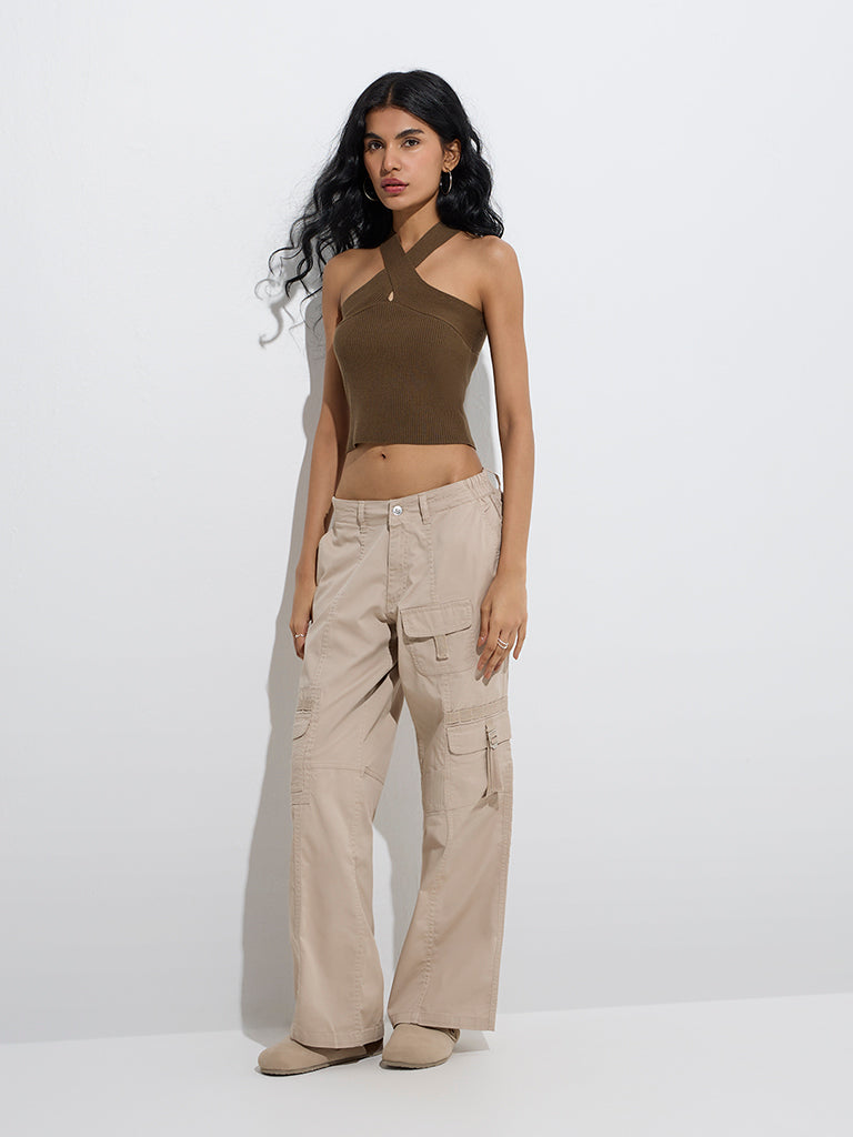 Westside Nuon Women's Beige Mid-Rise Cotton-Blend Pants for Casual Wear Full Model View