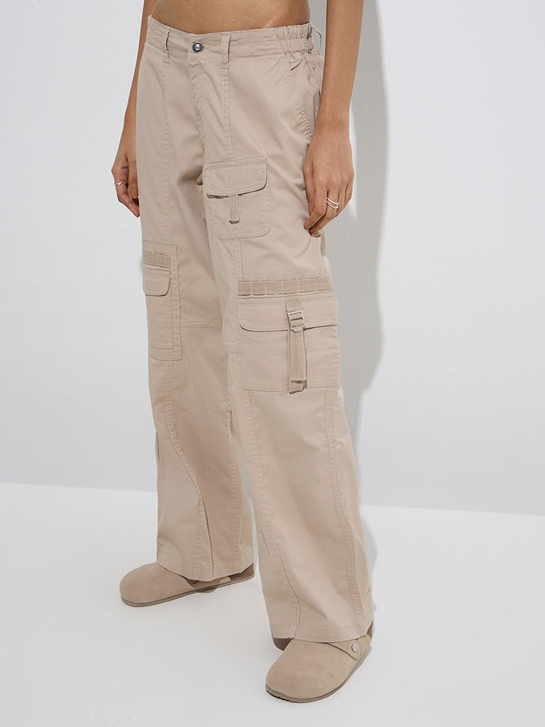 Westside Nuon Women's Beige Mid-Rise Cotton-Blend Pants for Casual Wear Front  View