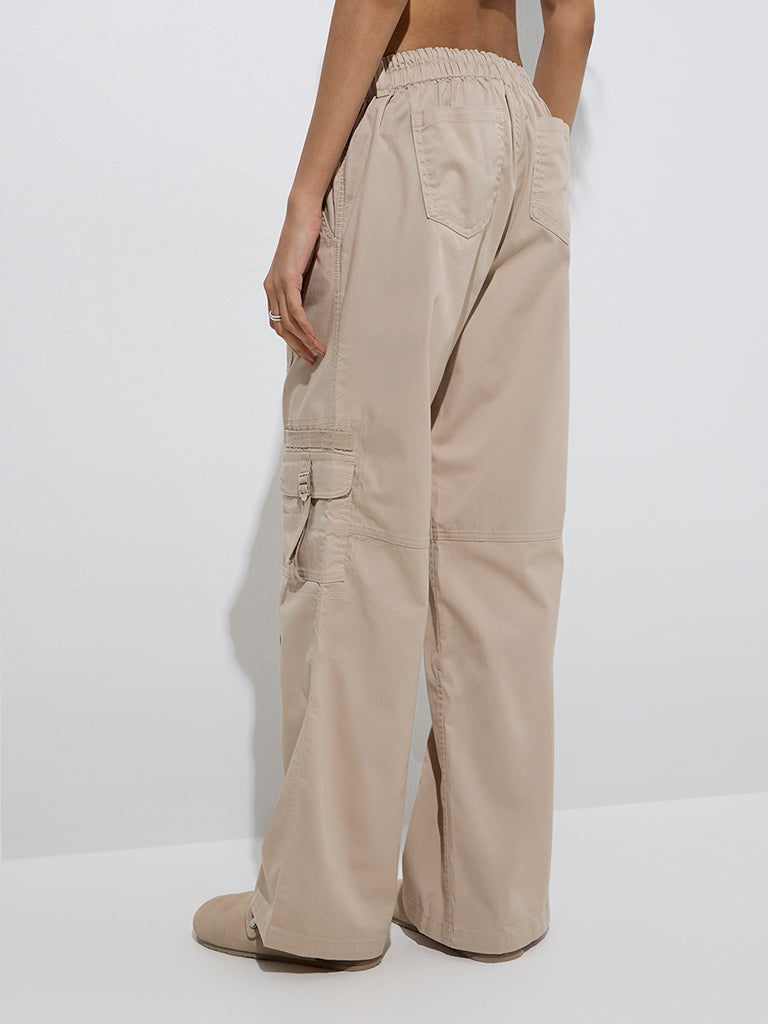 Westside Nuon Women's Beige Mid-Rise Cotton-Blend Pants for Casual Wear Back View