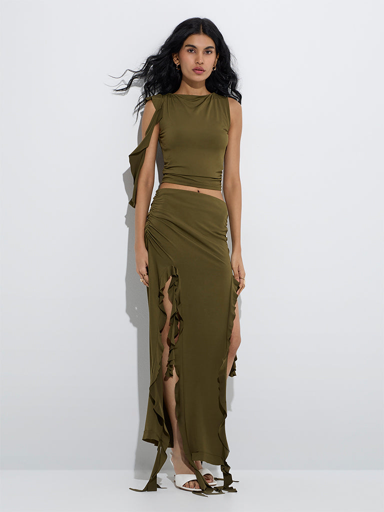 Westside Nuon Women's Olive Ruffle Detailed High-Rise Skirt for Casual Wear Full Model View