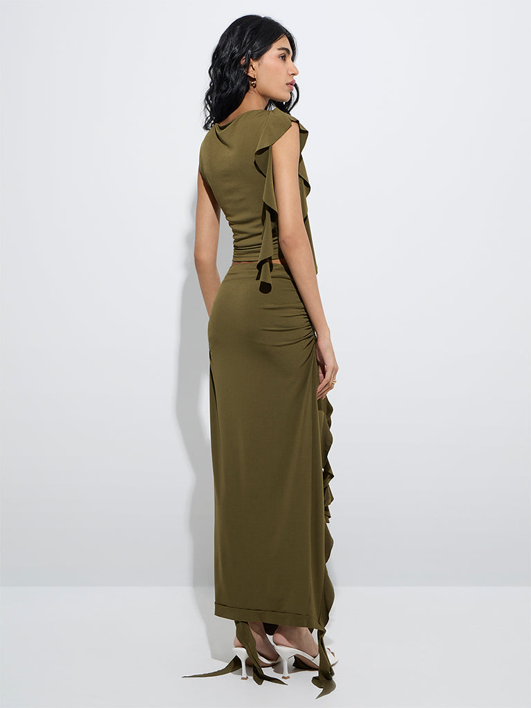 Westside Nuon Women's Olive Ruffle Detailed High-Rise Skirt for Casual Wear Back View