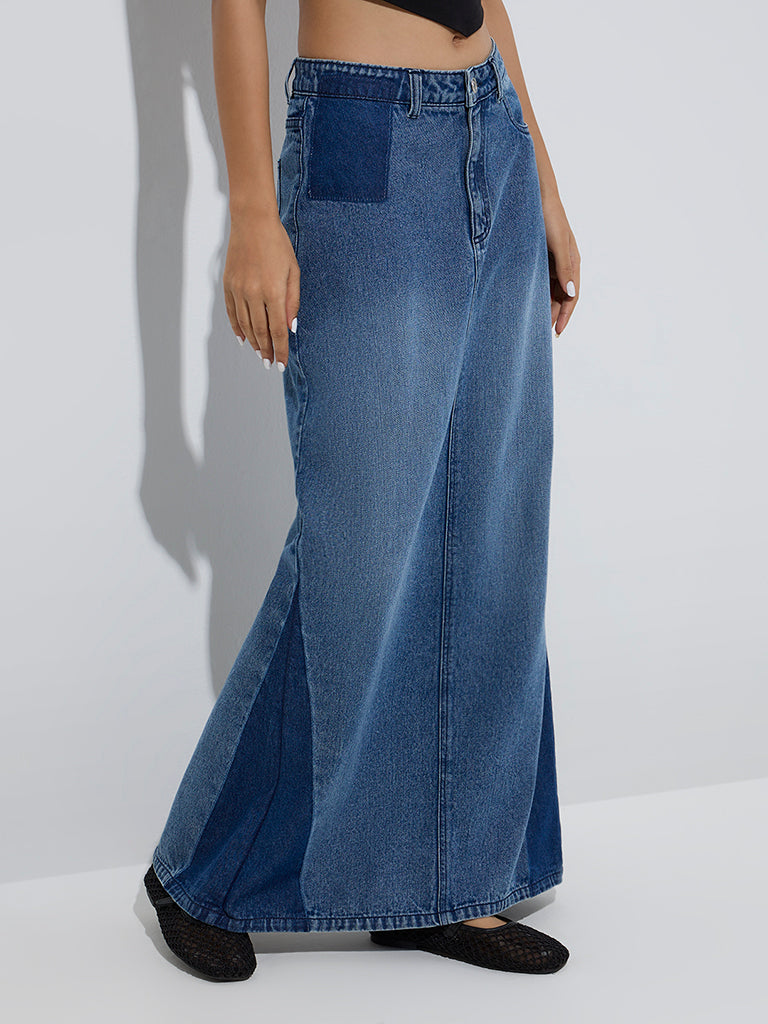 Westside Nuon Women's Blue Mid-Rise Denim Skirt for Casual Wear Front View