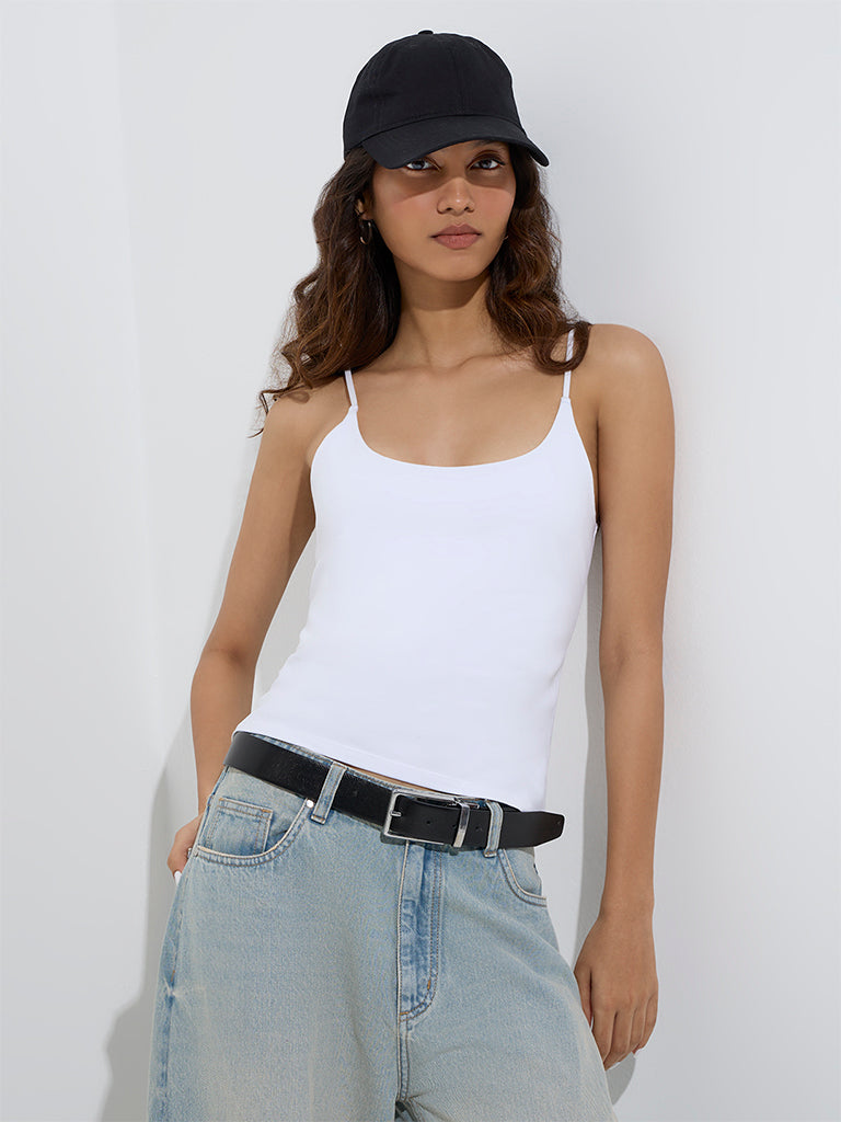 Westside Nuon Women's White Solid Cotton-Blend Top for Casual Wear Front View