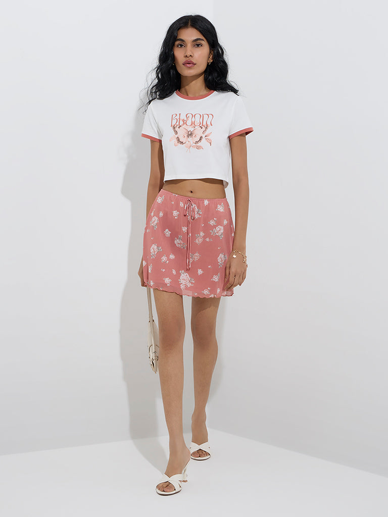 Westside Nuon Women's White Butterfly Design Cotton-Blend T-Shirt for Casual Wear Full Model View