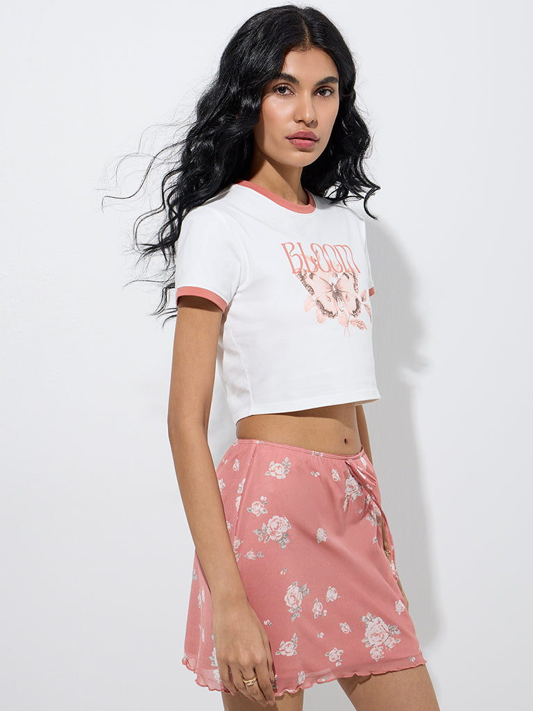 Westside Nuon Women's White Butterfly Design Cotton-Blend T-Shirt for Casual Wear Front View