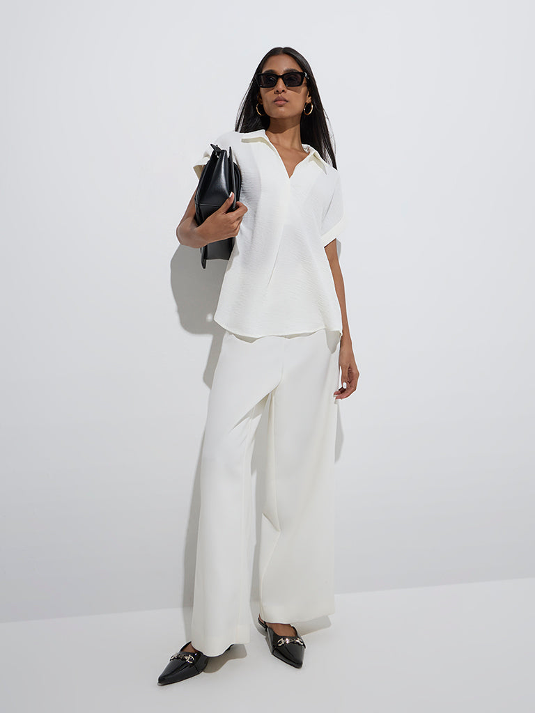 Westside Wardrobe Women's Ivory Crinkle-Textured Top for Work Wear Full Model View