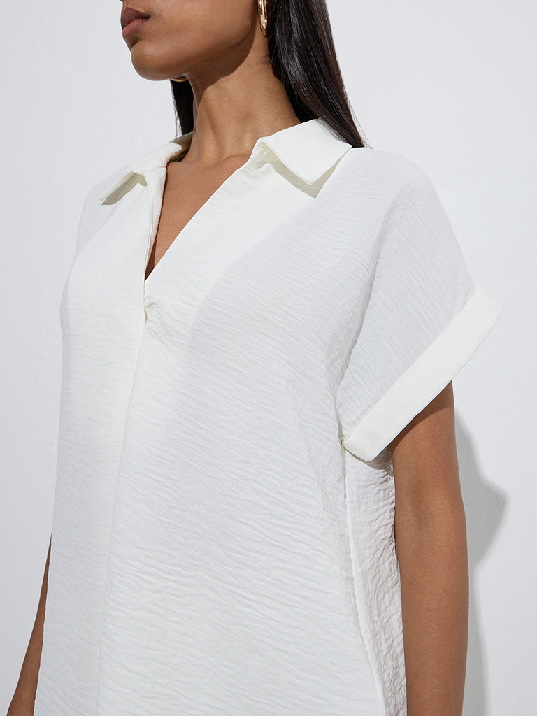 Westside Wardrobe Women's Ivory Crinkle-Textured Top for Work Wear Zoom View
