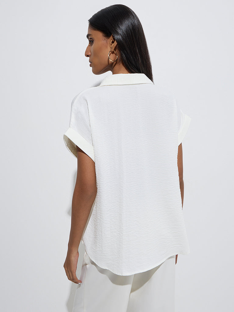 Westside Wardrobe Women's Ivory Crinkle-Textured Top for Work Wear Back View