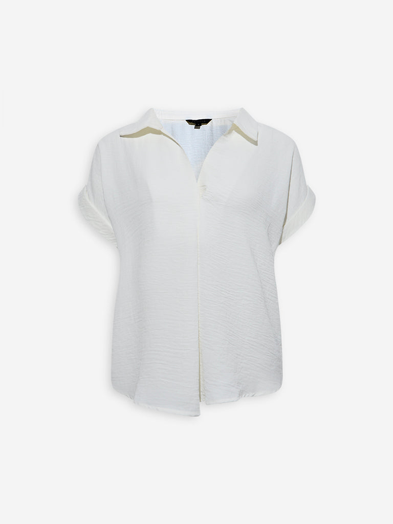 Westside Wardrobe Women's Ivory Crinkle-Textured Top for Work Wear Flatly View