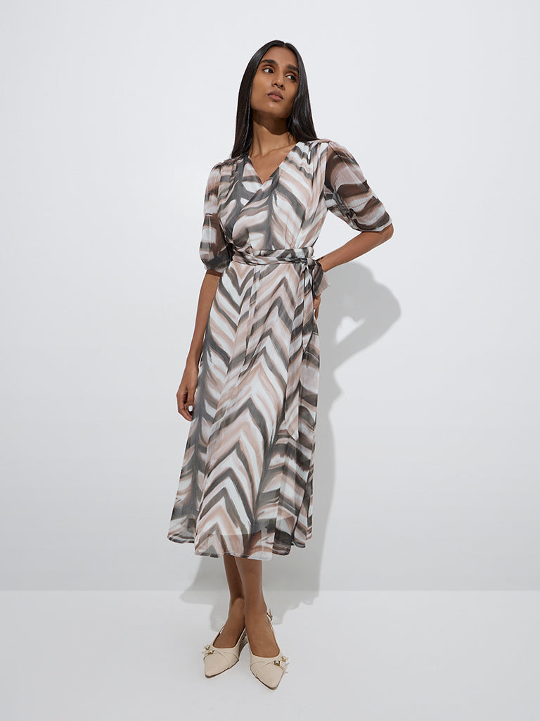Westside Wardrobe Women's Multicolor Chevron Printed A-Line Dress with Belt for Work Wear Full Model View