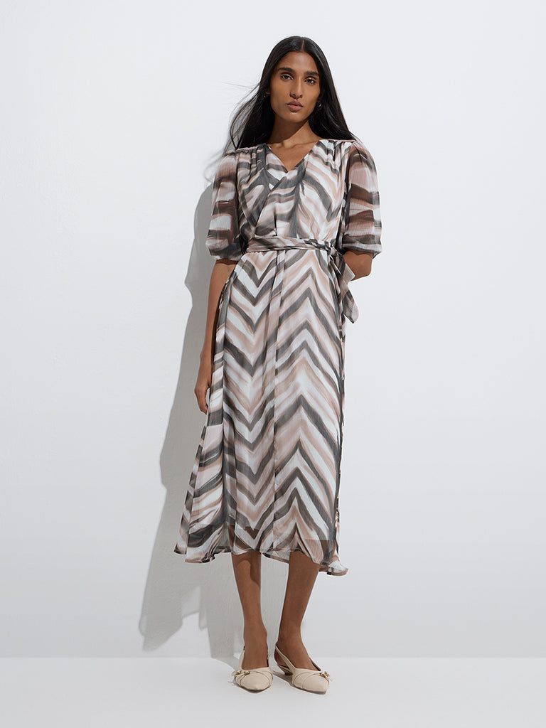 Westside Wardrobe Women's Multicolor Chevron Printed A-Line Dress with Belt for Work Wear Front View