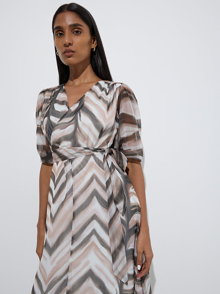 Westside Wardrobe Women's Multicolor Chevron Printed A-Line Dress with Belt for Work Wear Zoom View