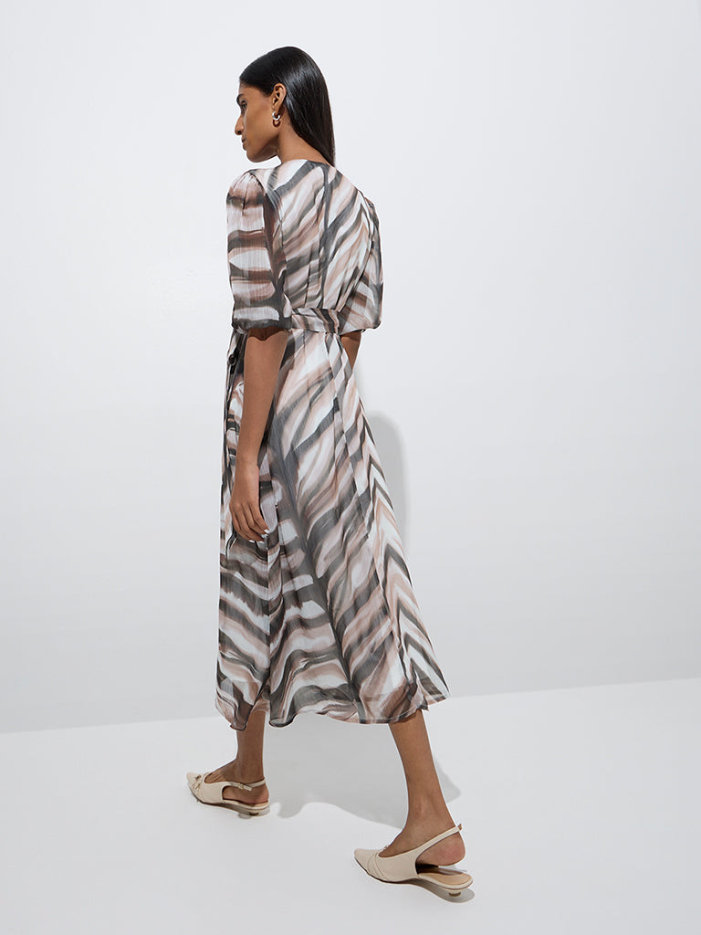 Westside Wardrobe Women's Multicolor Chevron Printed A-Line Dress with Belt for Work Wear Back View
