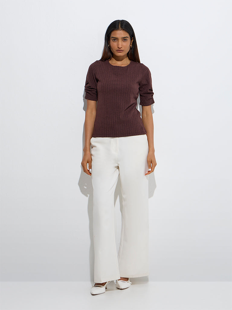 Westside Wardrobe Women's Brown Self-Striped Top for Work Wear Full Model View