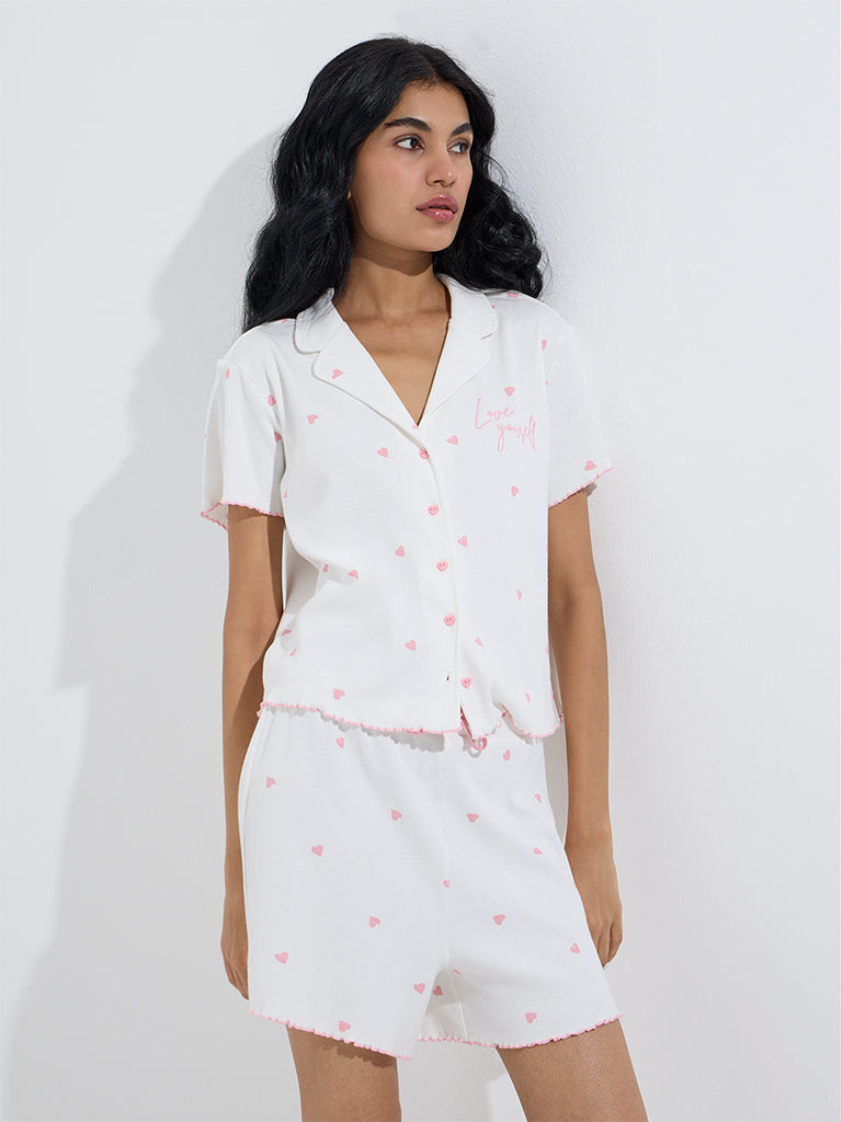 westisde Superstar Women's White Hearts Printed Cotton-Blend Shirt for Casual Wear Front View