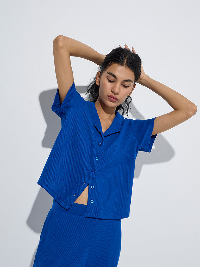 westisde Superstar Women's Blue Waffle-Textured Shirt for Casual Wear Front View