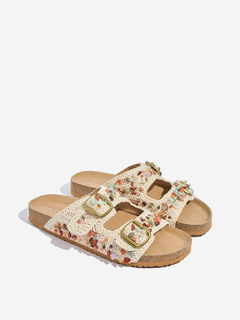 Westside LUNA BLU Women's Ivory Embellished Slip-On Sandals Front View