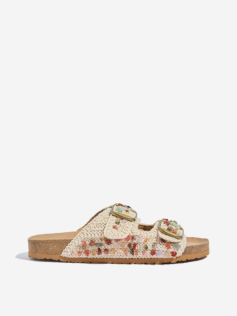 Westside LUNA BLU Women's Ivory Embellished Slip-On Sandals Side View