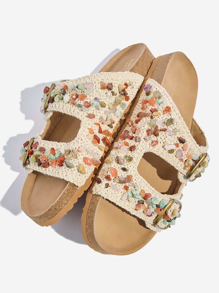 Westside LUNA BLU Women's Ivory Embellished Slip-On Sandals Zoomed View