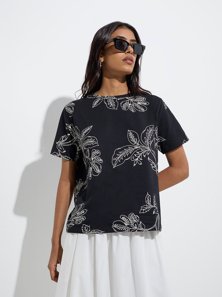 Westside LOV Women's Black Floral Design Cotton T-Shirt for Casual Wear Front View