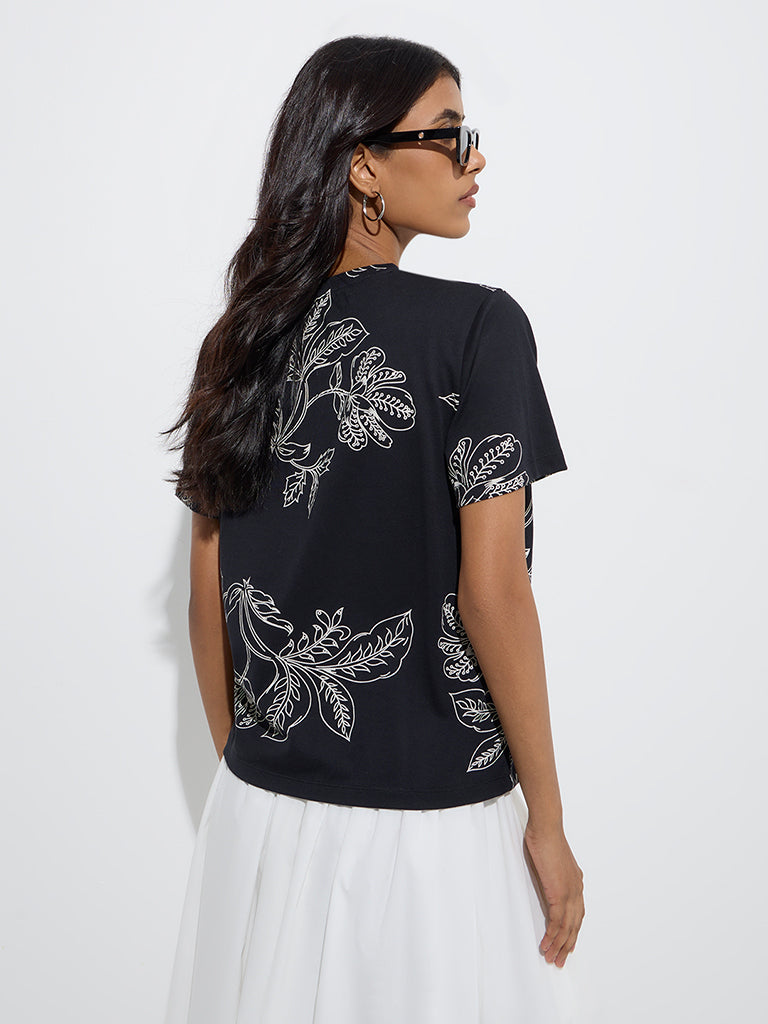 Westside LOV Women's Black Floral Design Cotton T-Shirt for Casual Wear Back View