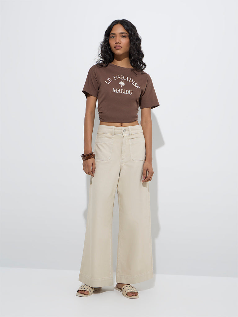 Westside LOV Women's Brown Typographic Cotton T-Shirt for Casual Wear Full Model View