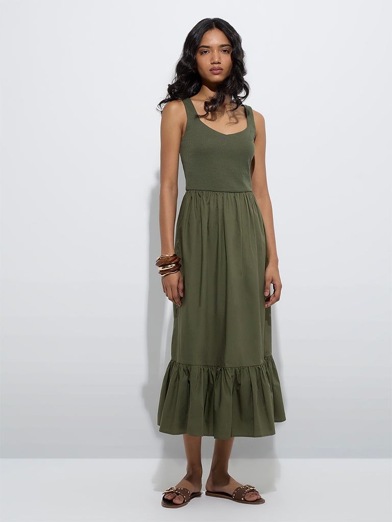Westside LOV Women's Olive Cotton-Blend Tiered Dress for Casual Wear Full Model View