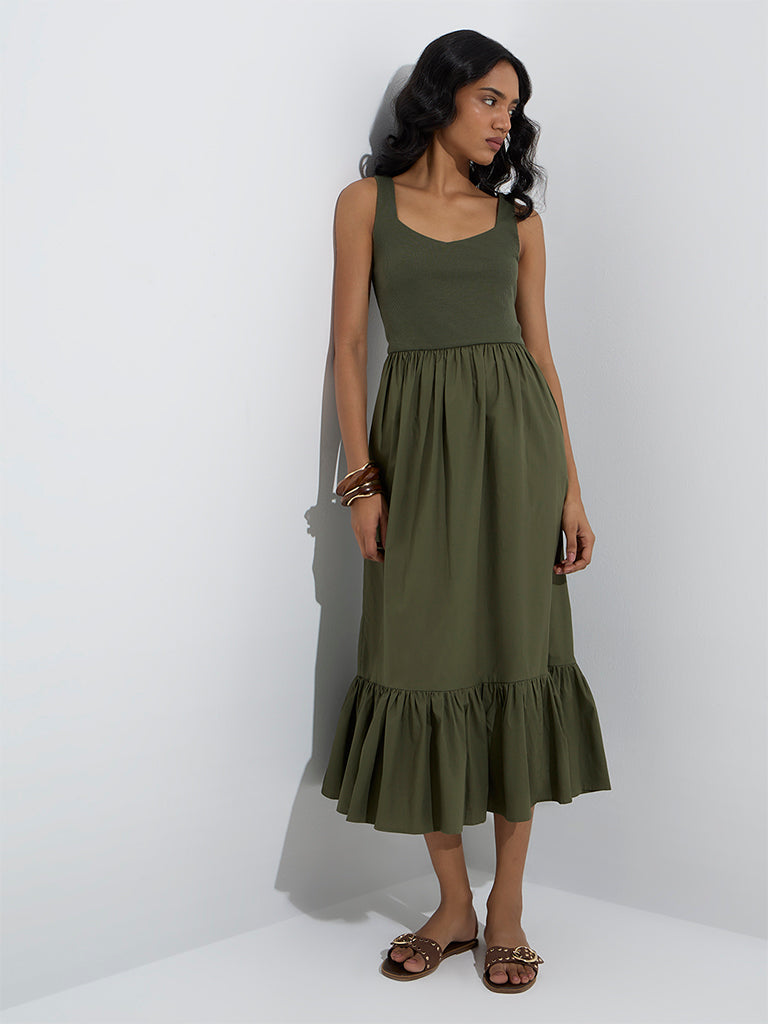 Westside LOV Women's Olive Cotton-Blend Tiered Dress for Casual Wear Front View