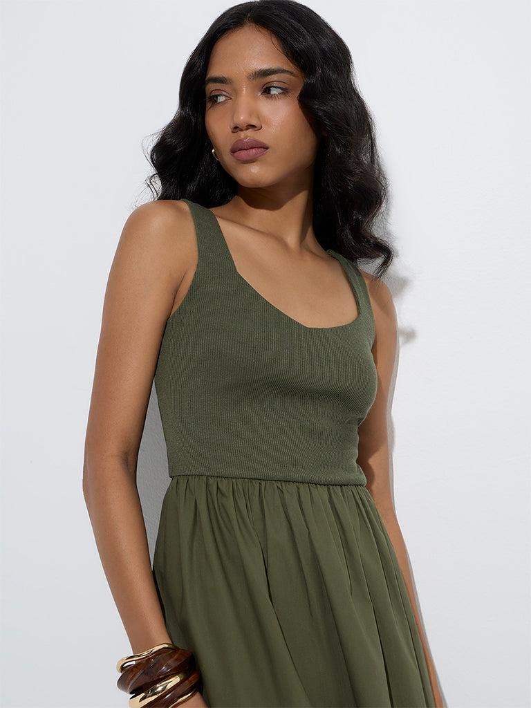 Westside LOV Women's Olive Cotton-Blend Tiered Dress for Casual Wear Zoom View