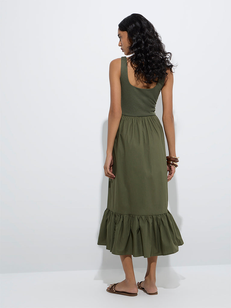 Westside LOV Women's Olive Cotton-Blend Tiered Dress for Casual Wear Back View