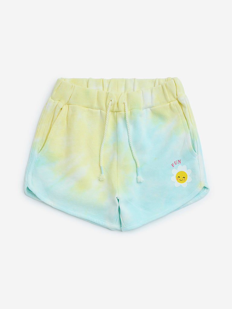 Buy HOP Kids Yellow Tie-Dye Printed Mid-Rise Cotton Shorts from