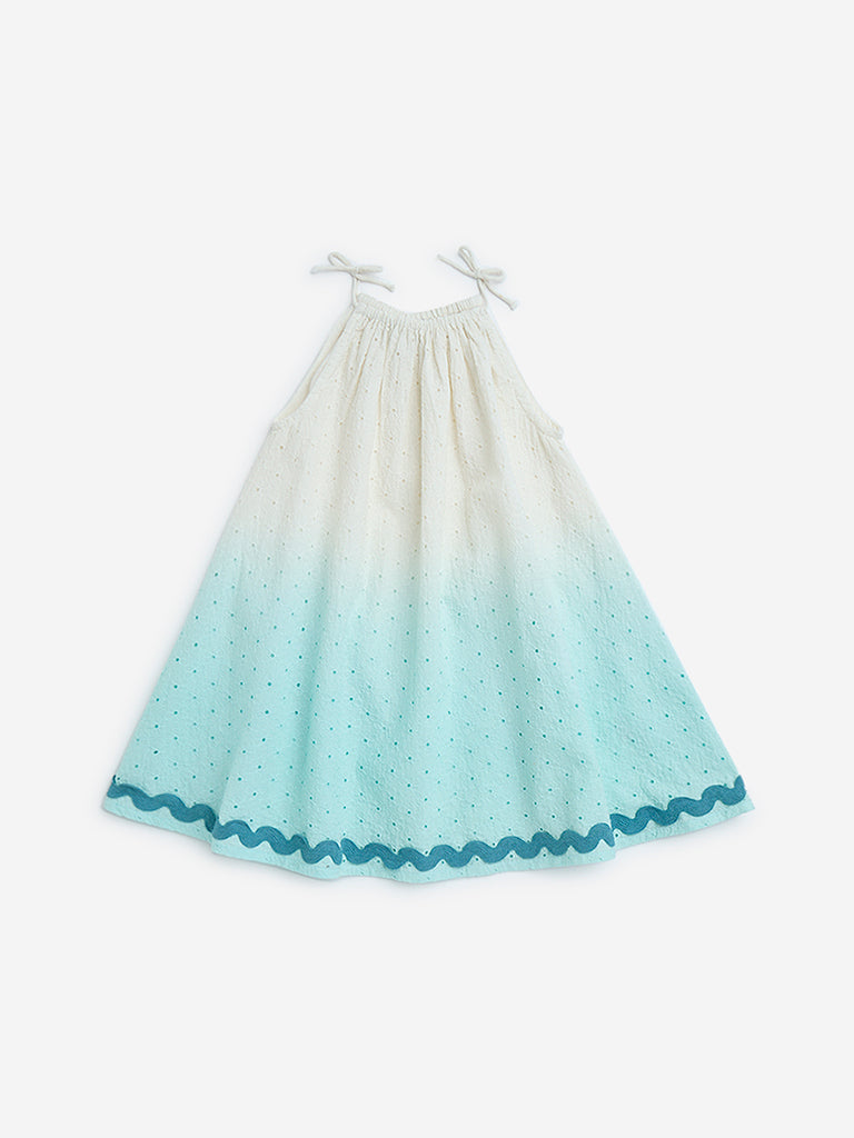 Westside HOP Girls' Kids Aqua Ombre-Finish A-Line Cotton Dress for Casual Wear Front  View