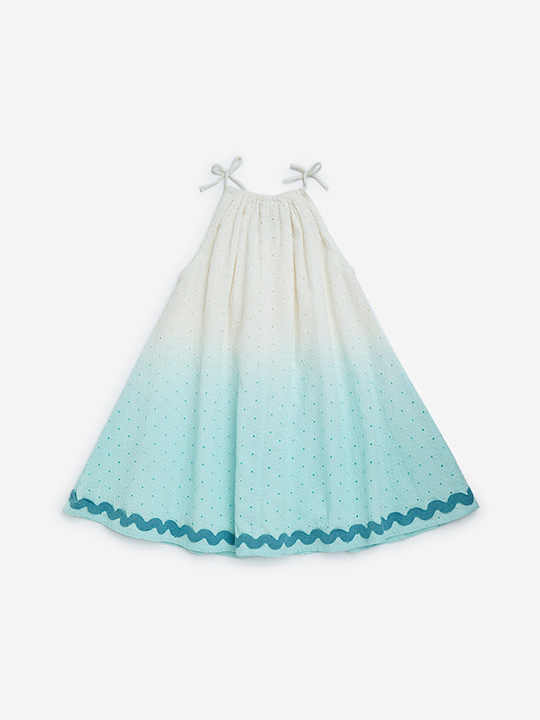 Westside HOP Girls' Kids Aqua Ombre-Finish A-Line Cotton Dress for Casual Wear Back View
