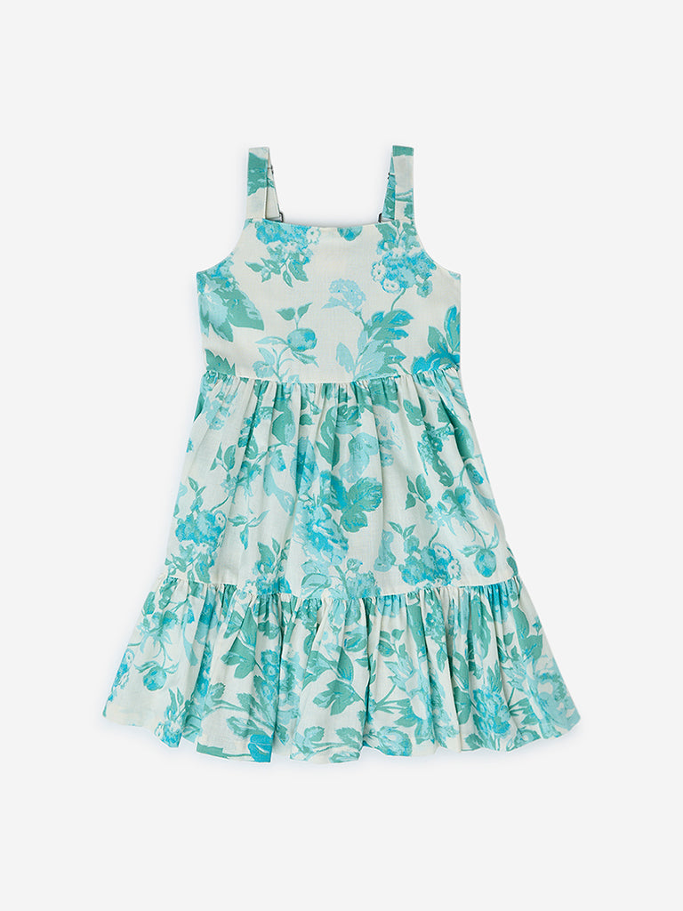 Westside Utsa Kids Aqua Floral Pattern Cotton-Blend Tiered Dress - (2-8yrs) for Ethnic Wear Front View
