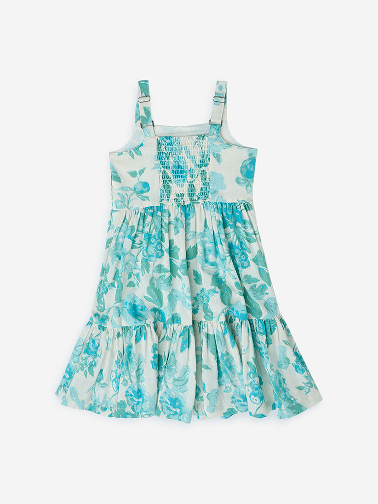 Westside Utsa Kids Aqua Floral Pattern Cotton-Blend Tiered Dress - (2-8yrs) for Ethnic Wear Back View