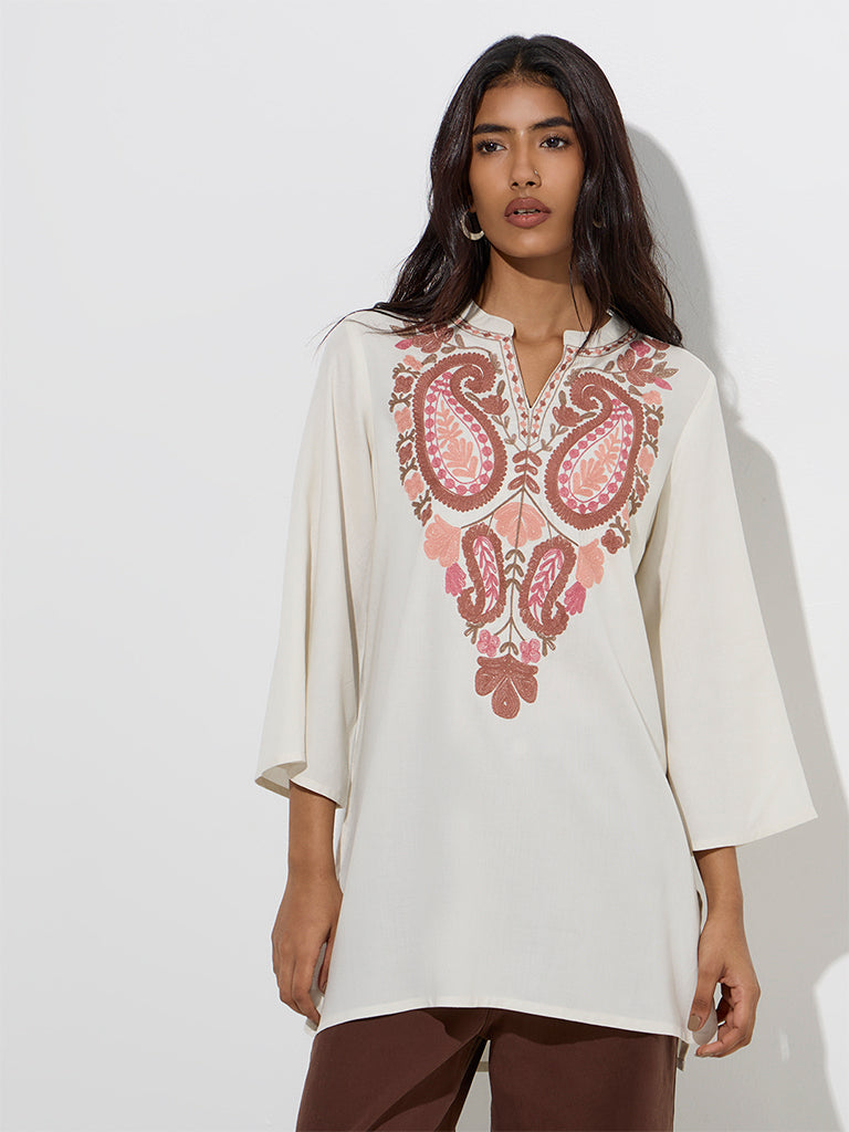 Westside Utsa Women's Cream Paisley Embroidered Tunic for Work Wear Front View