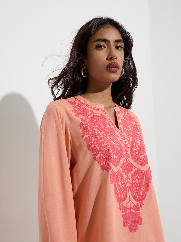 Westside Utsa Women's Coral Paisley Embroidered Tunic for Work Wear Zoom View