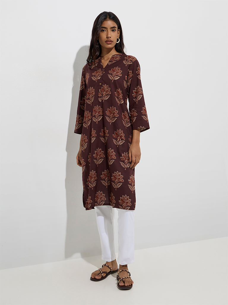 Westside Utsa Women's Brown Floral Design Straight Cotton Kurta for Everyday Front View