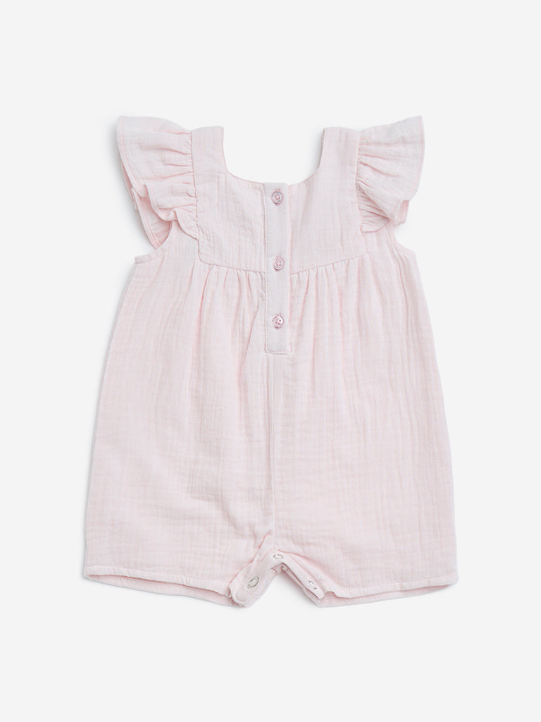 HOP Baby Pink Floral Embroidered Cotton Romper - Main Image