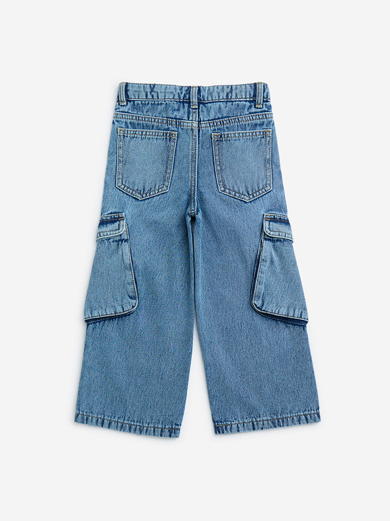 HOP Kids Blue Cargo-Style Straight Fit Mid-Rise Jeans